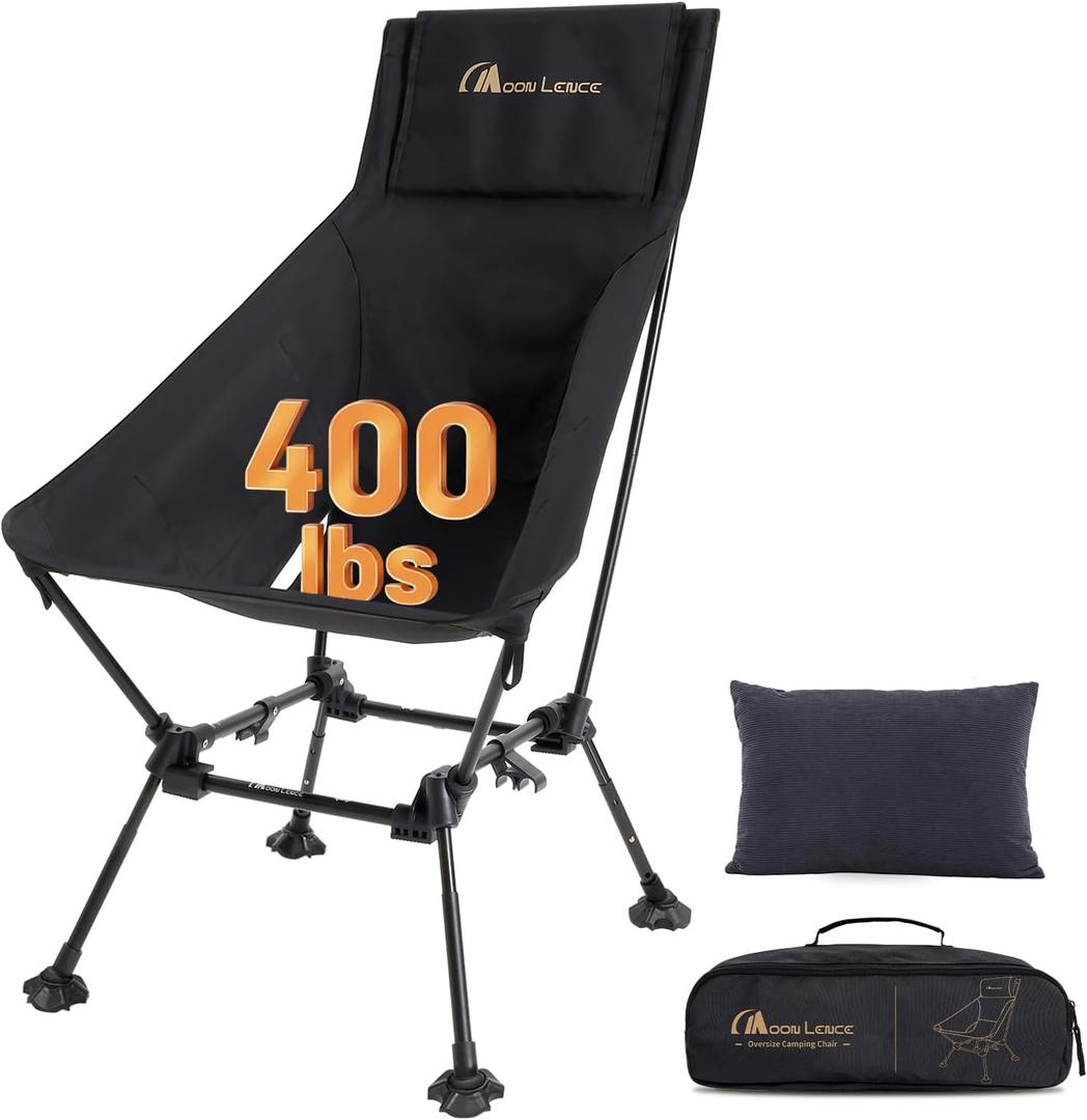 MOON LENCE Oversized High Back Camping Chair with Pillow for Adults, Height Adjustable Folding Camping Chair with 400 lbs Capacity, Hidden Pillow Pocket for Camping, Hiking, Picnics, Black