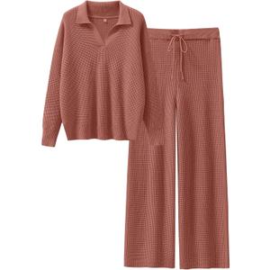 ANRABESS Women Two Piece Outfits Sweater Sets Lounge Waffle Knit Pullover Matching Wide Leg Pants Tracksuit 2025 Fall Fashion (Small, Rust)