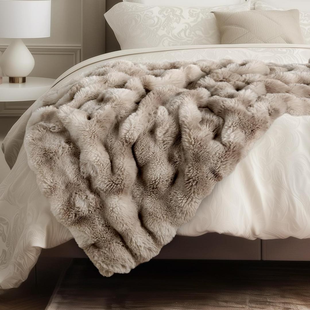 Ultra Soft Cozy Faux Fur Throw Blanket, Fuzzy Plush Thick Bubble Blanket, Oversize Luxury Fluffy Blanket for Couch, Bed, and Living Room, 60x80 Inches, Tie-Dye Light Taupe (Twin)