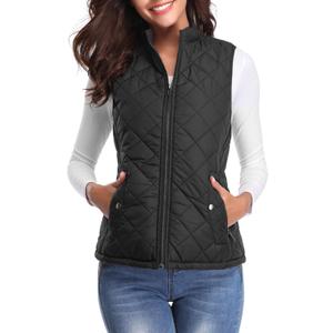 Fuinloth Women's Quilted Vest, Stand Collar Lightweight Zip Padded Gilet (X-Large, Black)