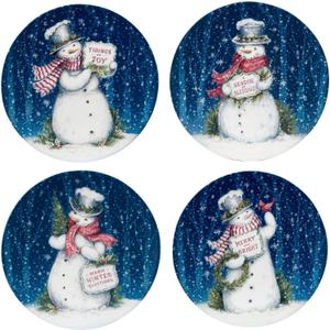 Snowman Greetings Set of 4 Ceramic Dinner Plates  Capture winters wonder with cheerful snowmen, festive scarves, and snowy blue backdrops perfect for Christmas meals 11"