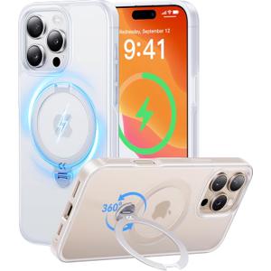 CASEKOO Patented 360 Spin Magnetic Stand for iPhone 16 Pro Case [Military Drop Protection] [Non-Slip Edge] [Compatible with MagSafe] Matte Shockproof Slim for 16 Pro Case 6.3'', Translucent White