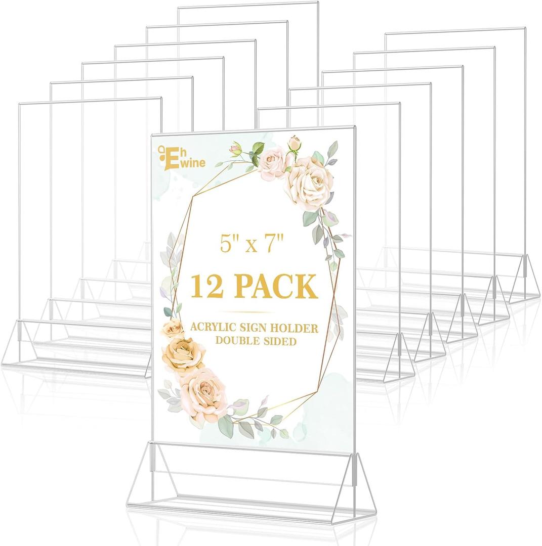 EHWINE 12 Pack Acrylic Sign Holder 5 x 7, Double Sided Clear Picture Frame Stand up Table Top Sign Holders, Clear Display Stand Menu Flyer Holder for Wedding Party (Provide Non-slip Mats)