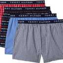 Tommy Hilfiger Men's Cotton Classic 4-Pack Woven Boxer (Large, Primary Red Plaid, Desert Sky Logo Print, Royalty, Desert Sky Gingham)