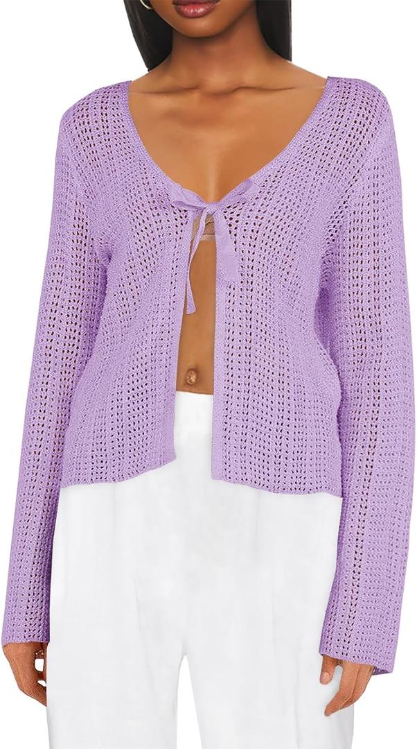 2 x Saodimallsu Womens Summer Crochet Lightweight Cardigans Tie Front Mesh Knit Long Sleeve Casual V Neck Beach Cover Ups (Pink, L)