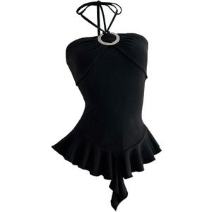Milumia Women's Sexy Ring Decor Halter Top Sleeveless Ruffle Hem Summer Casual Cami Tops (Black, S)