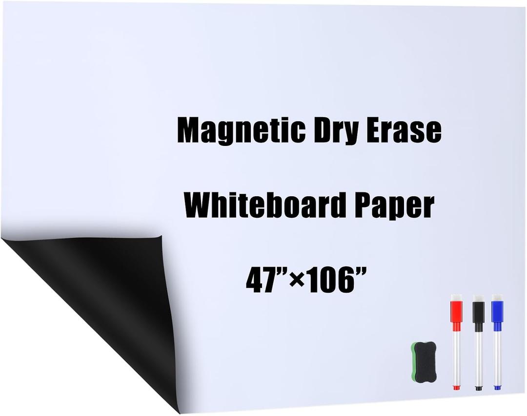 Dry Erase Whiteboard Sticker Wall Decor Self-Adhesive Whiteboard Contact Paper Magnetic White Board Wall Paper Peel and Stick with 3 Markers and Eraser for Home, Office, Classroom(47 x 106 Inch)