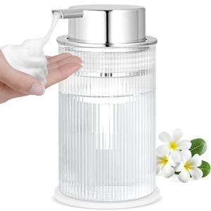 NiHome 14oz Ribbed Glass Foaming Hand Soap Dispenser, High-Capacity Easy to Refill for Home & Commercial Use, Clear Foaming Soap Dispenser for Bathroom, Kitchen with Large Foam Pump & Non-Slip Mat (Silver Lid)