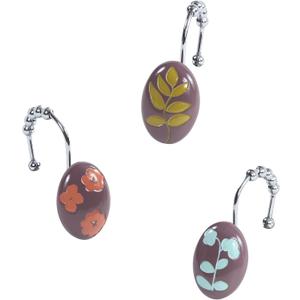 Leaf Floral Shower Curtain Hooks, Rustproof Decorative Shower Hooks for Shower Curtain, 5-Roller Ring Balls Design Spring Plant Bathroom Curtain Hooks, Set of 12