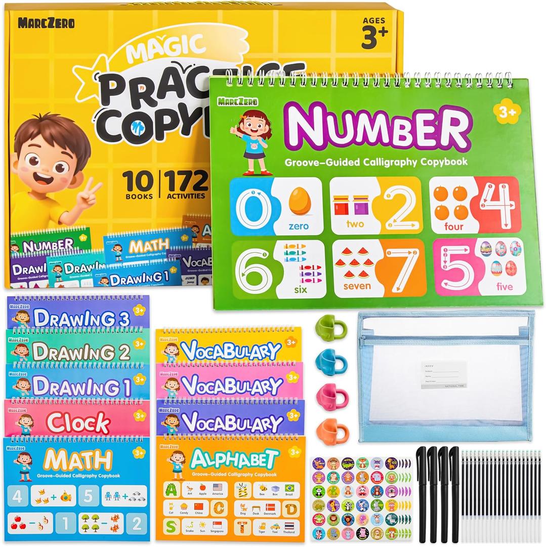 MarcZero Magic Grooved Writing Practice Books for Kids Ages 3-8 | 10 Books Reusable Handwriting Tracing Books with Disappearing Ink Pen, Preschool Tracing Educational Learning Gifts