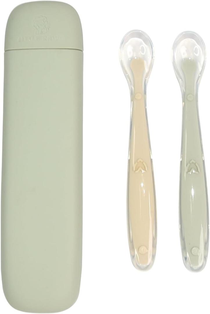 LITTLE RAWR Silicone Baby Feeding Spoons with Storage Box, First Stage Infant Soft-Tip Easy on Gums I Training Spoon Self | Utensils Supplies (Green)