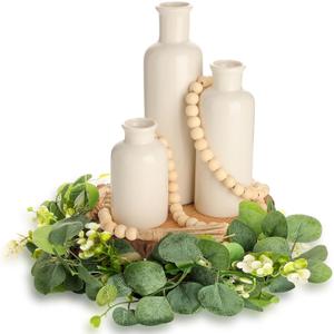 Geelin 6 Pcs Boho Rustic Table Centerpieces, 3 Modern Ceramic Vases, Wooden Slice Tray, Farmhouse Wood Beads Garland with Tassel, Artificial Vines for Dining Home Coffee Table Decor(White)
