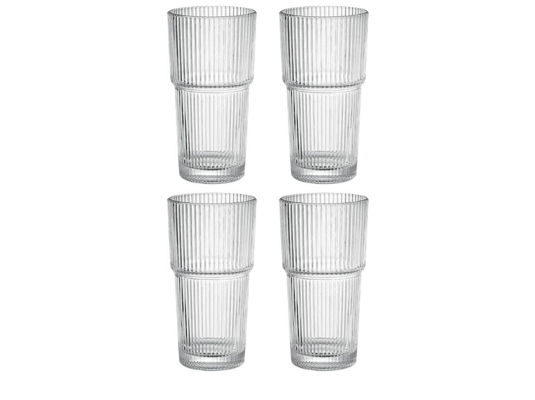 Ribbed Drinking Glasses, 20oz Glassware Set, 4 Pack, Lead-Free Handcrafted Glass Cups for Iced Coffee, Smoothies, Cocktails, and Juices, Durable and Stackable for Family Use or Parties