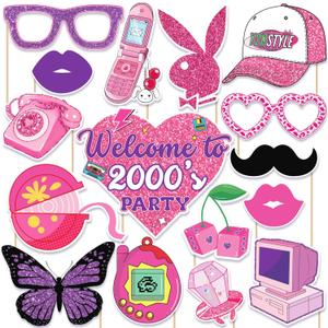 Y2K & 2000s Party Decorations Photo Booth Props Kit, Pink & Purple, Cardboard & Bamboo, 16 Themed Props, Y2K & 2000s Birthday Party Favors & Supplies