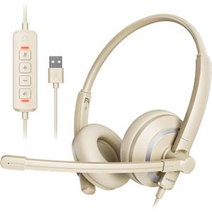 USB Headset with Microphone for PC Laptop - Headphones with Noise Cancelling Microphone for Computer,On-Ear Wired Office Call Center Headset for Boom Skype Webinars,Lightweight,Apricot