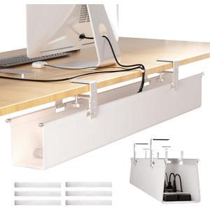 [Upgraded] Large Under Desk Cable Management Tray, Cinati Cable Management Under Desk No Drill, 28.4" Fabric Cord Hider for Wire Organizer, Cord Organizer for Office, Home - Supports Up to 30lbs White