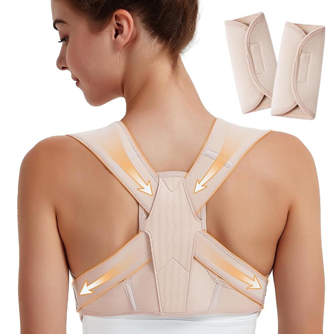 SHAPERKY Posture Corrector for Women and Men: Adjustable & Breathable Upper Back Brace - Posture Support for Sitting Work & Daily Use (L/XL) (Beige)