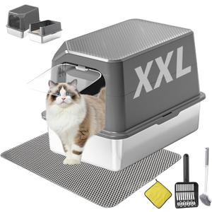 Extra Large Stainless Steel Cat Litter Box Enclosed with Lid - 23.6" x 15.7" x 16.5" Metal Cat Litter Box XXL, Front Entry High Side Kitty Litterbox with Scoop & Mat, Anti Leakage, No Sticky