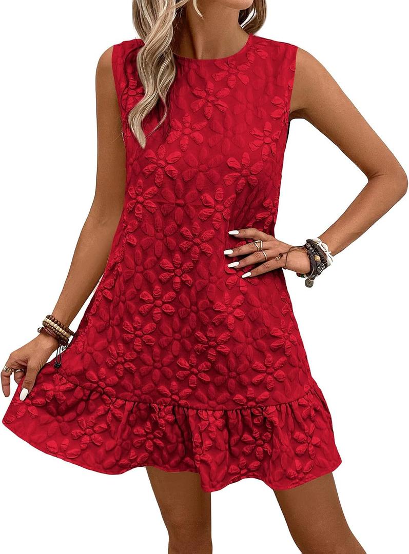 SOLY HUX Women's Ruffle Hem Sleeveless Tank Dress Round Neck Casual Jacquard Hem Smock Summer Mini Dresses (Red, S)