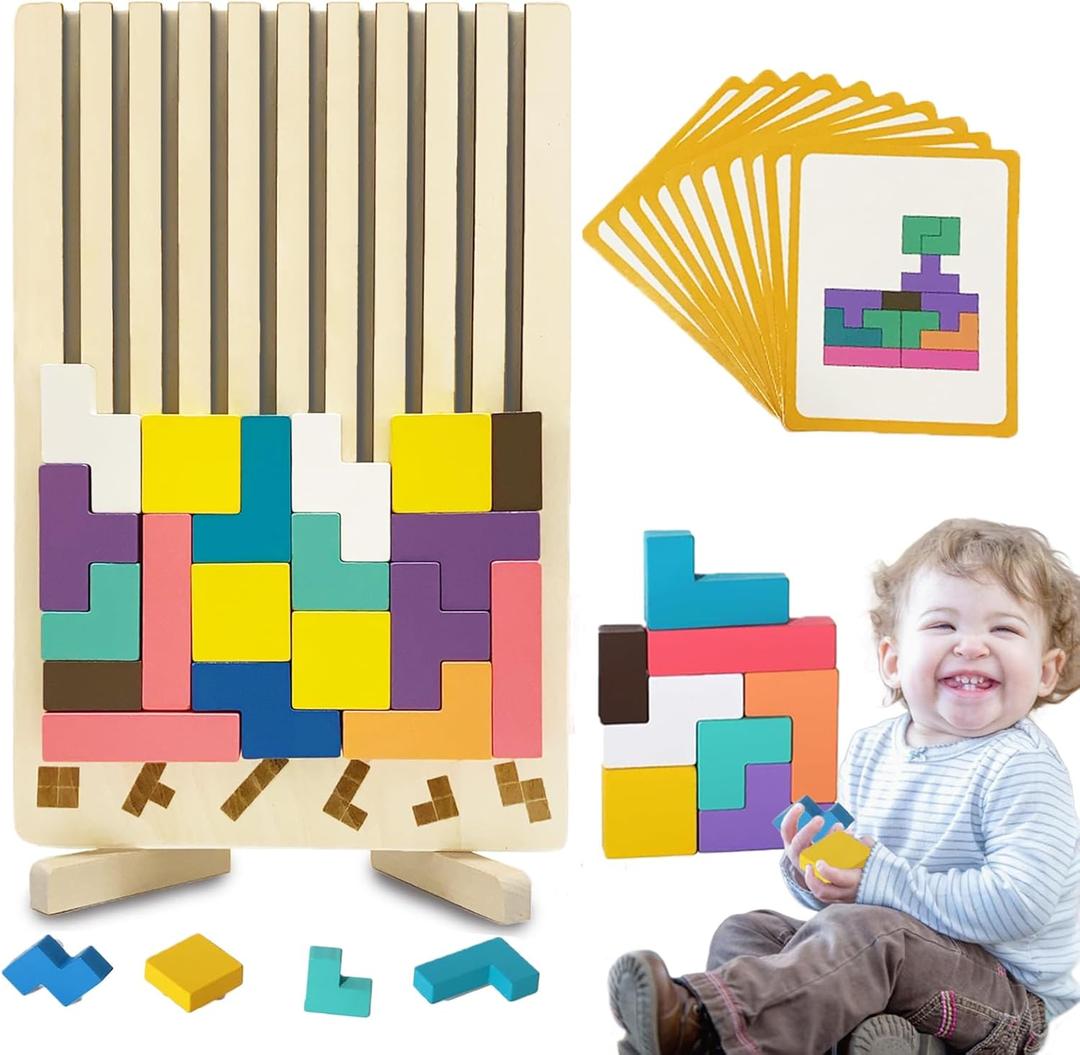 Wooden Stacking Puzzle Toy 3D Wooden Russian Puzzle for Kids, Montessori Wood Stacking Blocks Colored Family Brain Teaser Activity, Giant Block Board Toys for Toddlers 3-6 Years (Colorful)