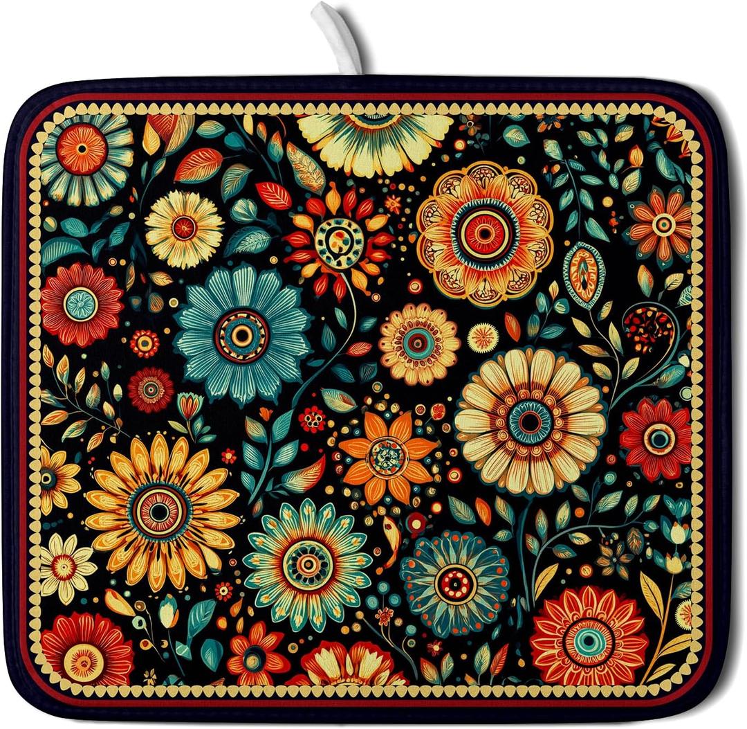 Bohemian Style Flowers Drying Pad Boho Floral Dish Drying Mat for Kitchen Counter Absorbent Microfiber Drainer Rack Mat (18" x 16")