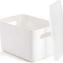 Lawei 4 Pack Plastic Storage Bins with Lid, White Stackable Storage Basket Organizer Box, Sturdy Containers Organizing Lidded Bins for Shelves, Cabinet, Desk, Pantry, Bedroom, Book, Toys