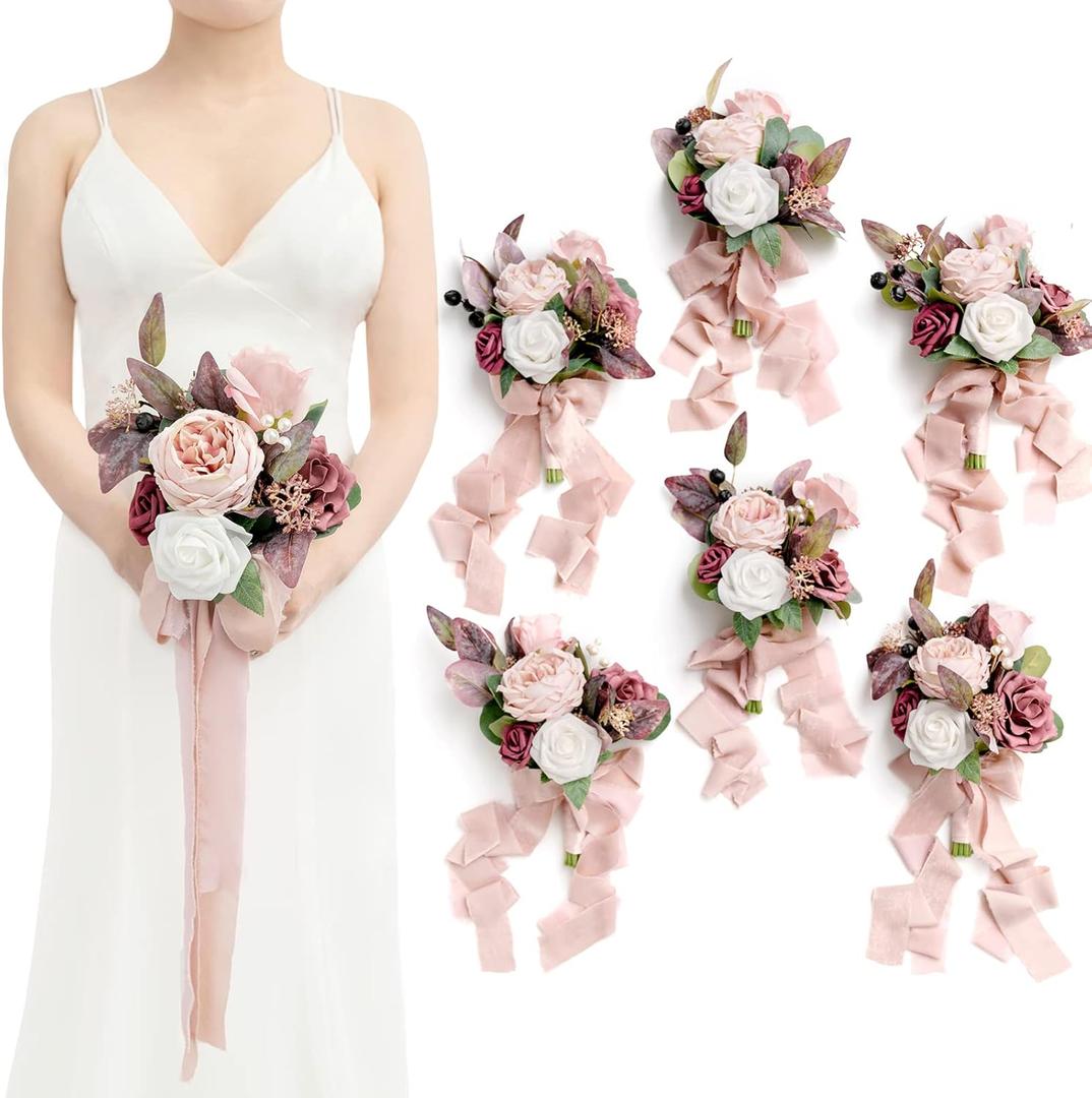 Ling's Moment Artificial Flowers Pink Bridesmaid Bouquet Set of 6, Dusty Rose & Mauve Wedding Flowers Bouquets for Bridesmaids, 7 Inch Bridal Bouquets for Bridesmaids, Wedding, Ceremony, Anniversary