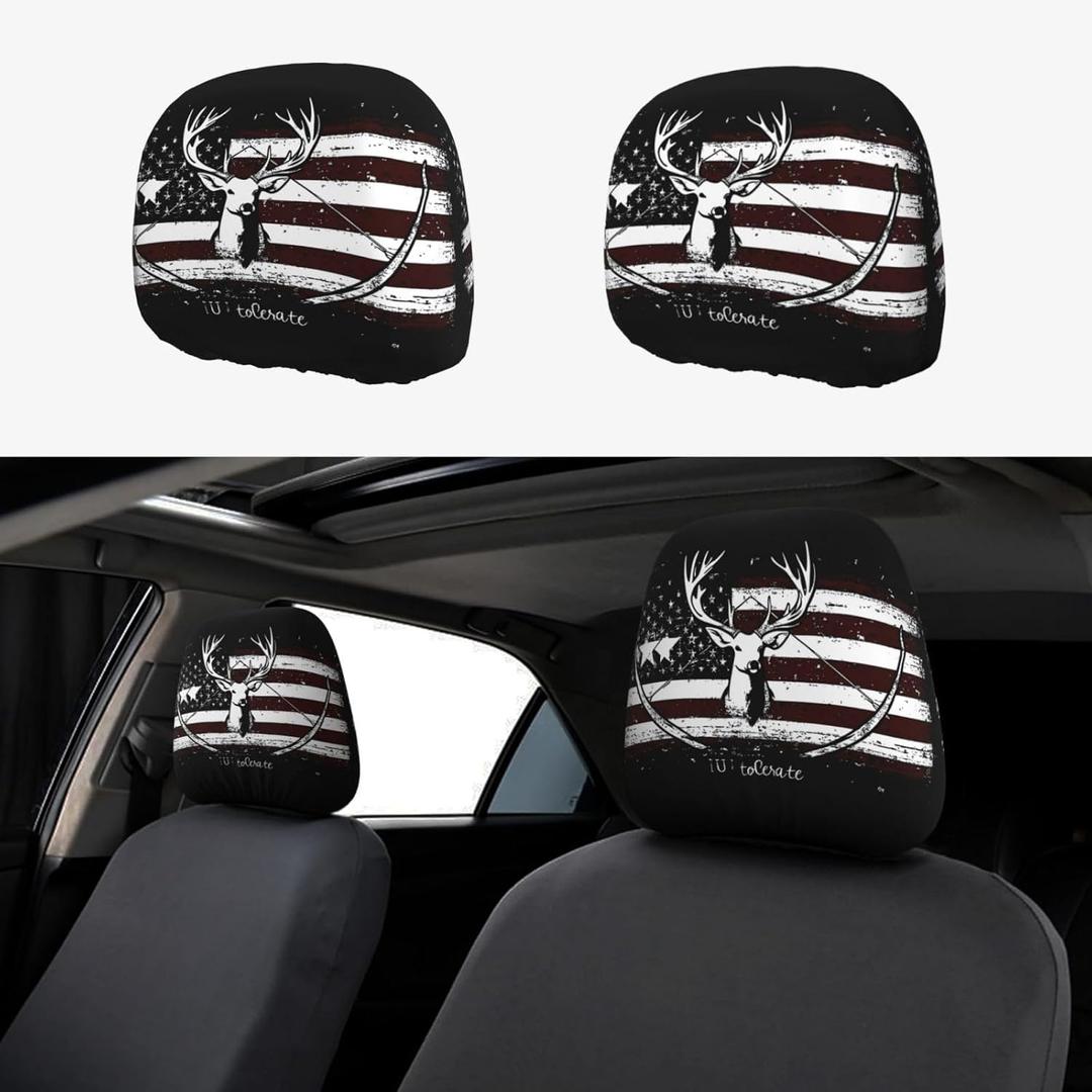 American Flag Deer Bow 2 Pack Headrest Covers Seat Cover Accessories Car Headrest Protector Universal Fit to All Car/Truck