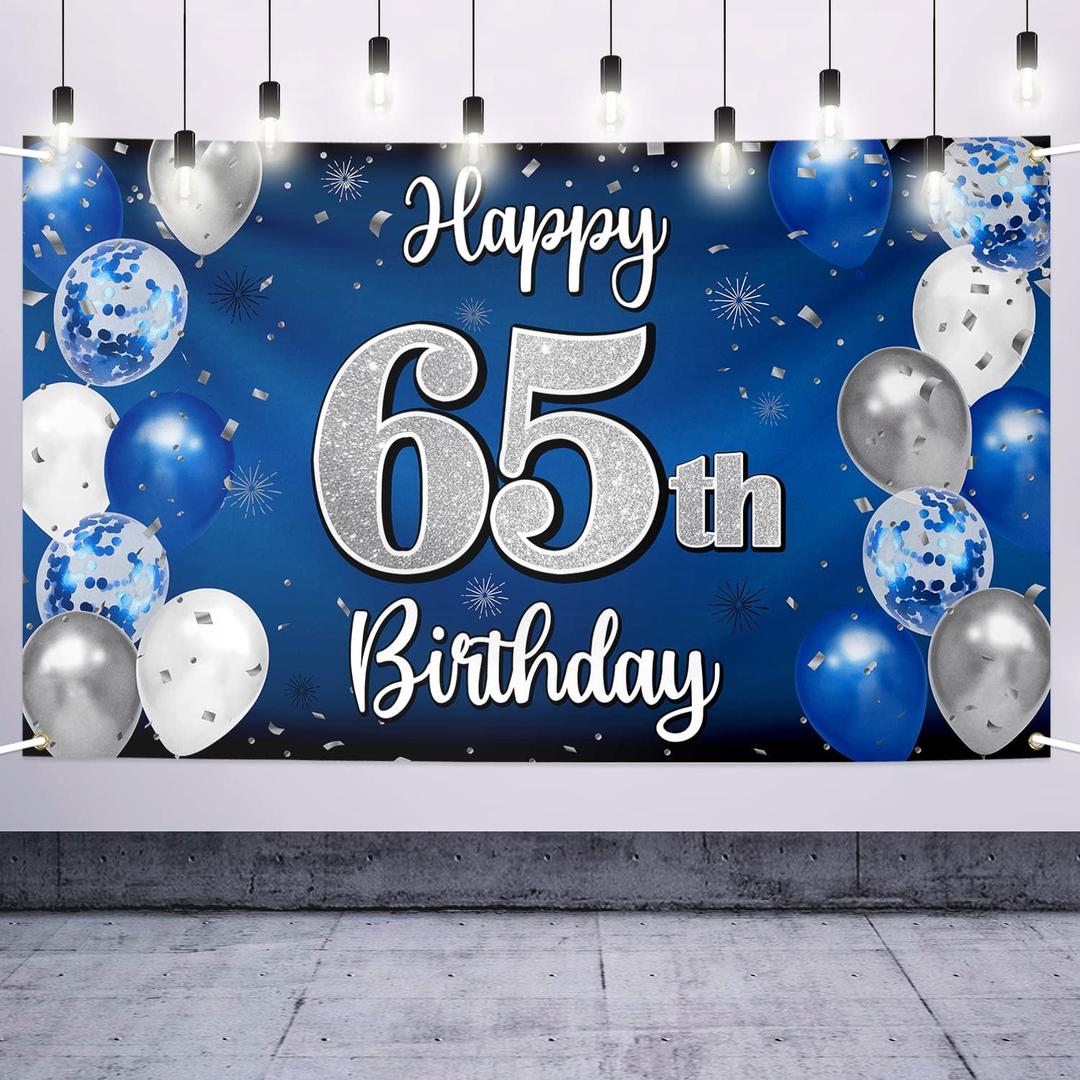 Happy 65th Birthday Decorations,65th Blue & Silver Balloon Large Birthday Banner Backdrop Sign - Cheers to 65 Years Old Bday Party Supplies.