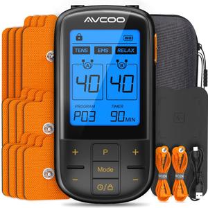AVCOO 3-in-1 TENS Unit with 32 Modes, Dual Channel EMS Muscle Stimulator with 40 Intensities for Gradual Pain Relief Therapy, Rechargeable Electronic Pulse Massager with 12 Electrode Pads, EVA Case