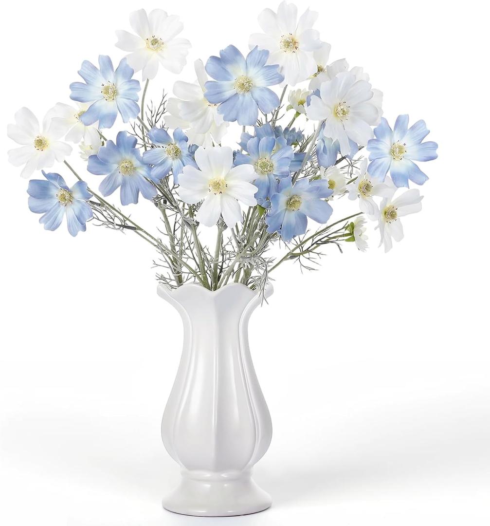 6 Pcs 23.6 Inch Light Blue White Artificial Flowers Cosmos for Vase,Blue Fake Flowers Artificial Silk Flower Arrangements with Stems for Wedding Bouquets Table Centerpieces Home Decor