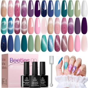 beetles Cat Eye Gel Polish Set - Floral Verses 20 Colors Gel Polish Kit, Blue Pink Purple Green Shimmer Nail Colors, with Magnet Stick Glossy & Matte Gel Top Base Coat UV Gifts for Women