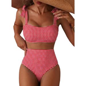 Herseas Womens Bikini Sets Two Piece Full Coverage Swimsuits Shoulder Strap Knot Padded High Rise Tummy Control Bathing Suits Teens Beach Vacation Clothes Red Checkerboard Medium