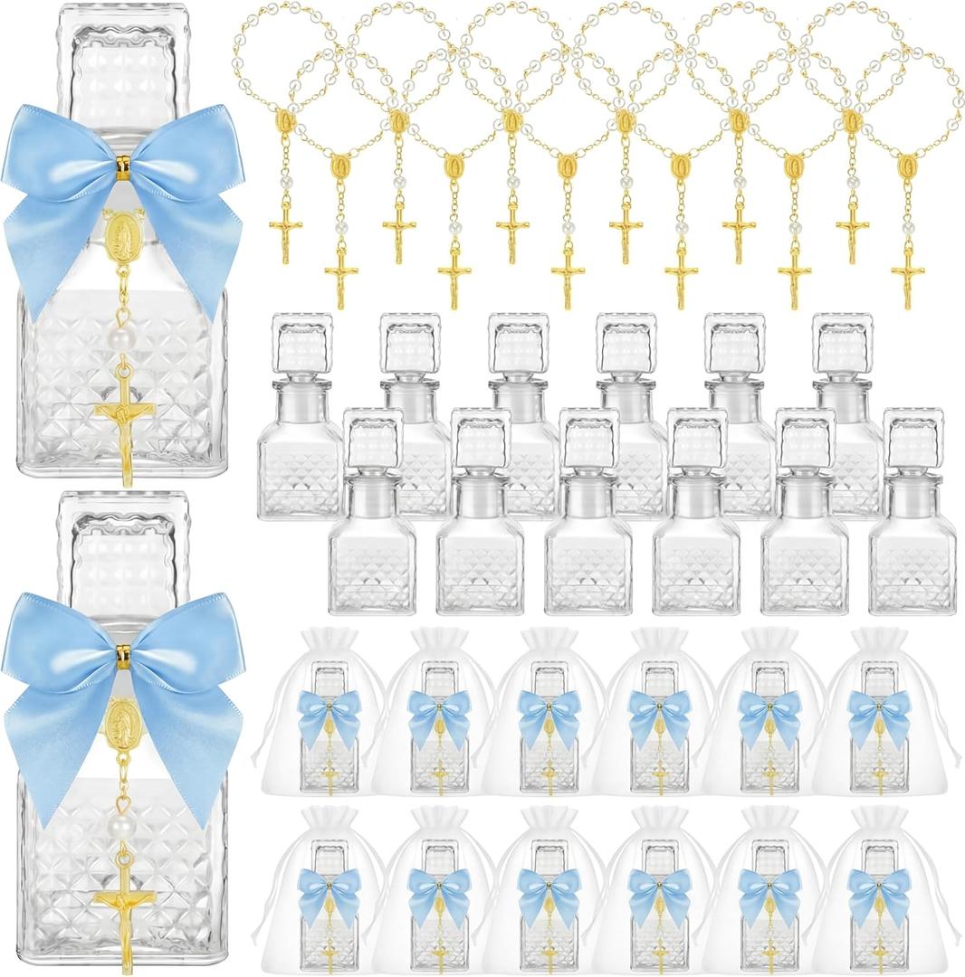 Chuangdi 24 Pcs 12 Sets Holy Water Bottles Baptism Favors for Guest Holy Water Container with Cross Rosary Organza Bag Bow 50ml Glass Empty Container for Communion Christian Wedding (Elegant,Blue)