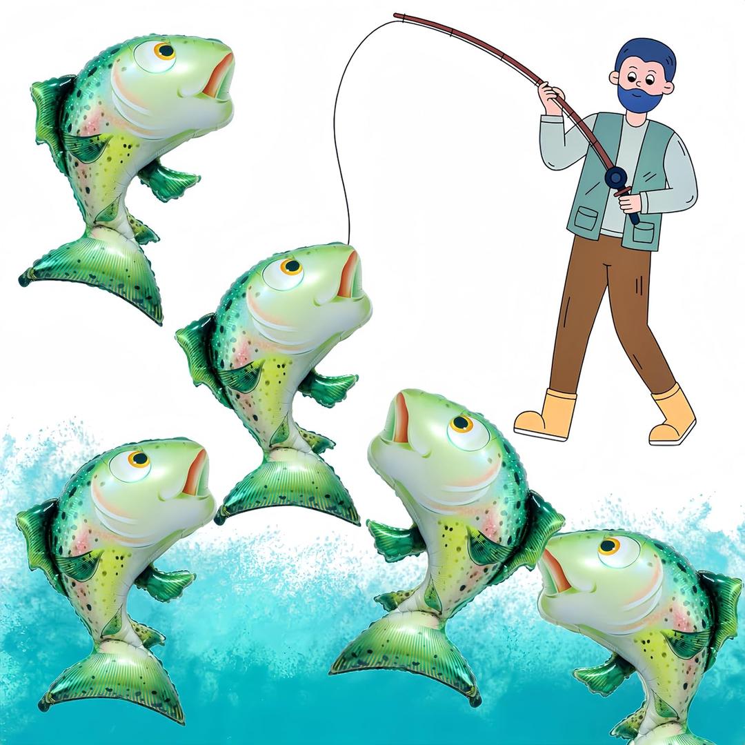 5Pcs Salmon Bass Balloons/Gone Fishing Baby Shower Decorations Balloons/Lets Go Fishing/Little Fisherman Fishing Party Supplies/Fish Fest Glitter Fish Go Fishing/Fishing Enthusiast Tournament