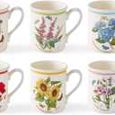 Portmerion Botanic Garden Meadow - 8.5oz Coffee Mug (Set of 6) | Assorted Florals with Colorful Laurel Leaf Border| Earthenware | Microwave & Dishwasher Safe | Breakfast Cups for Tea or Coffee
