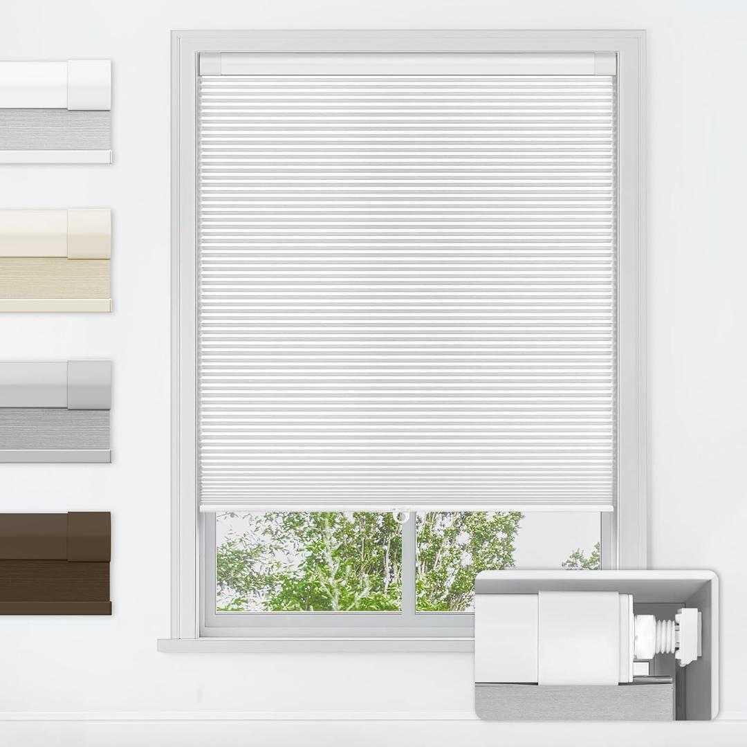 LazBlinds No Tools No Drill Cordless Cellular Shades, Blackout Light Blocking Honeycomb Shades for Home, Thermal Insulation Blinds for Windows, 34" W x 64" H, White