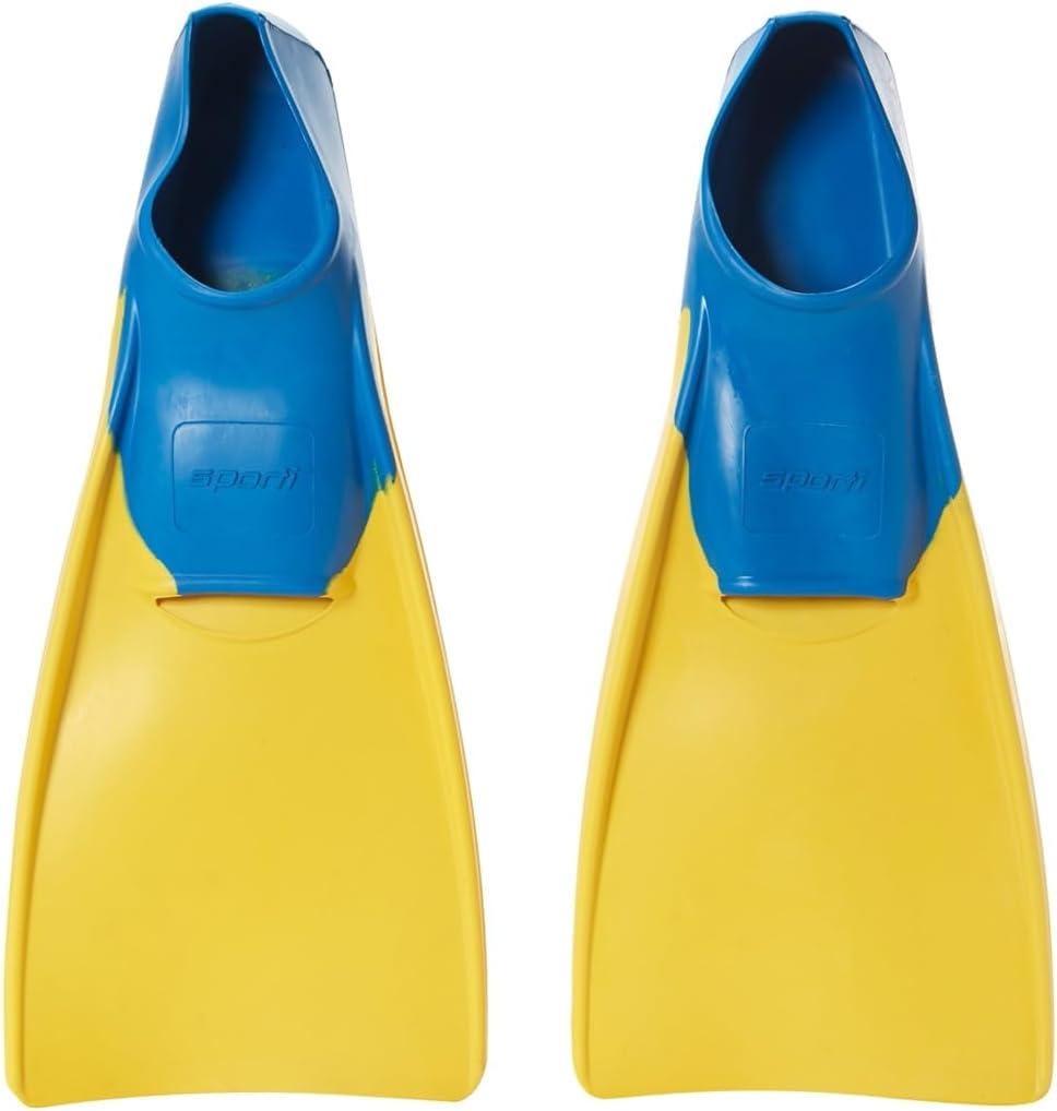 Sporti Adult-Kids Swim Fins for Pool Lap Swimming - Long Floating Fins for Swimming & Snorkeling - Swim Flippers for Training, Youth 4-5 / W 6, Yellow-Blue
