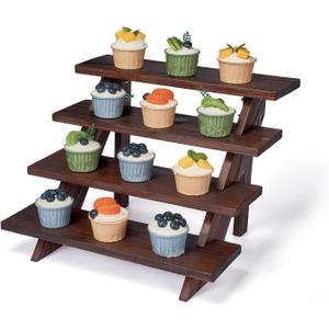 DAOYOUSKY Wooden Rustic Cupcake Stand for 24 Cupcakes, Stepped Wood Display Stand for Weddings, Tiered Party Table Display Riser for Food , Dessert, Cookie, Decor, Craft Show, Brown