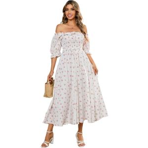 R.Vivimos Women Summer Half Sleeve Cotton Ruffled Vintage Elegant Backless A Line Flowy Long Dresses (Medium, White#2-floral)