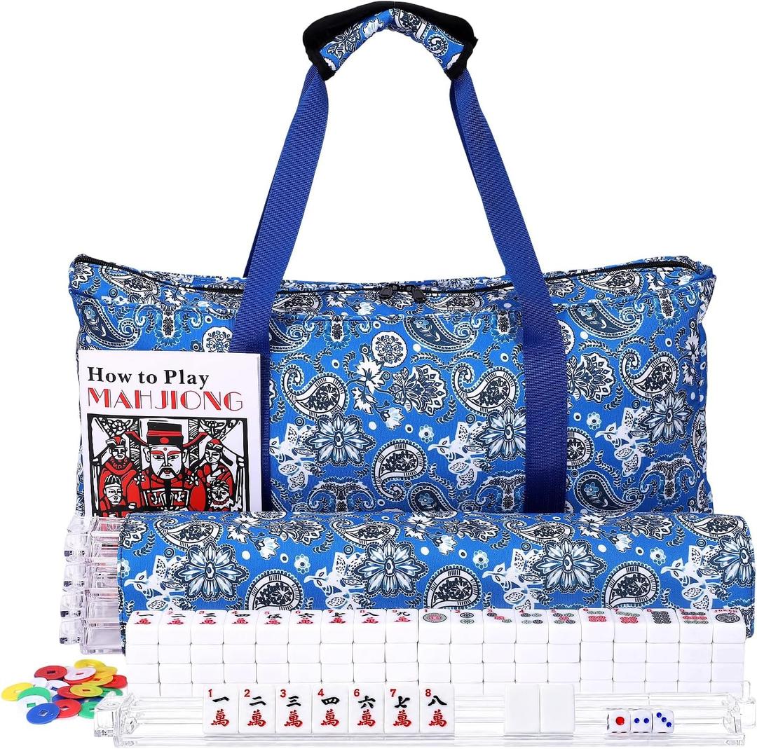American Mahjong Set - 166 Premium Melamine Engraved Tiles, 4 All-in-One Clear Racks with Pushers, Blue Portable Travel Bag & Accessories, Mahjong Starter Kit for Beginners,Travel & Casual Gatherings