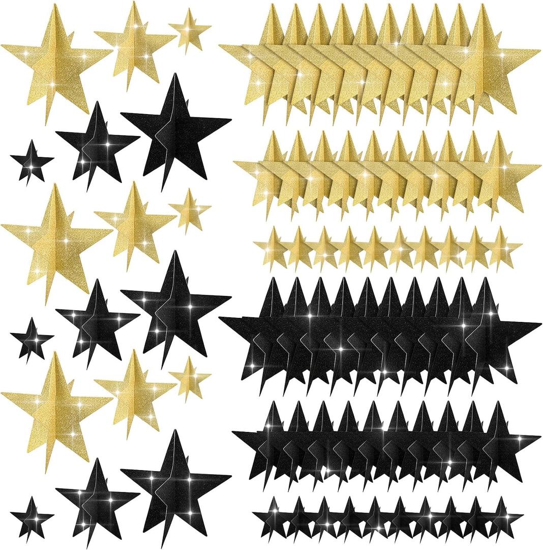 Sinload 45 Pcs 3D Glitter Star Decorations Graduation Black Gold Centerpiece 3 Sizes Standing Hanging Back to School Work Star Decor for End of Year School Centerpiece Starry Movie Night Party Decor