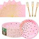 Pink and Gold Paper Tableware Set150PCS50 x 7'' Dessert Plates & 50 x 6.5'' Napkins & 50 x 7.3'' Forks,Disposable Party Supplies for Baby Showers,Birthday,Wedding,Bridal Showers,Anniversary