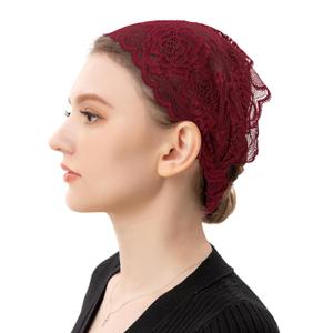 PAMOR Stretchy Rose Lace Headband Floral Headwrap Chapel Veils Latin Mass Head Covering Catholic Church Veil with Bobby Pins (Burgundy)