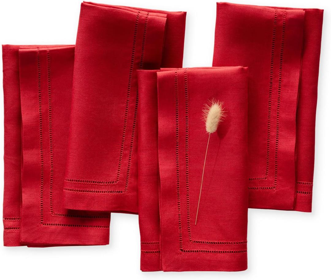 Linen Napkins 20 x 20 inch - 100% Flax Linen Red Double Hemstitch Dinner Napkins Set of 4 - Cloth Napkins Washable Perfect for Christmas and Winter Decor, Festive Holiday