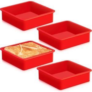 Geetery Set of 4 Silicone Square Cake Pan Silicone Brownie Pan Nonstick Baking Mold for Muffin Bread Rice Crispy Lasagna Pie, Red(6 x 6 x 2 Inches)