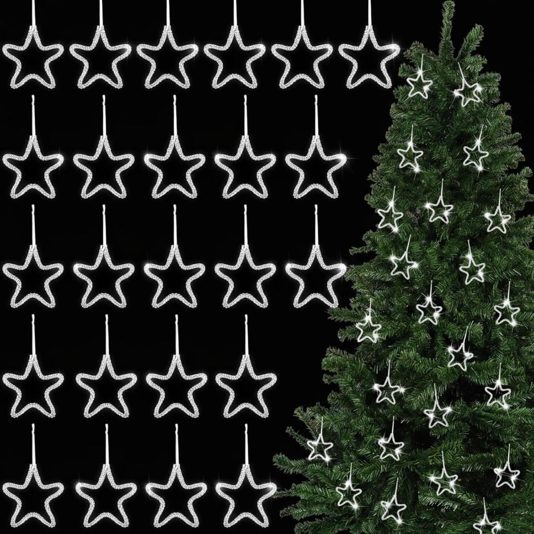 Tigeen 24 Pcs Christmas Tree Ornament 3.14''x2.75'' Silver Christmas Glitter Stars with Rhinestones Star for Wreath Garland Xmas Tree Hanging Star for Gift Wrapping Wedding Home Festive