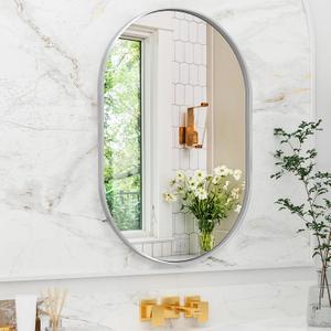 Suidia 22" x 30" Bathroom Mirror, Bathroom Vanity Mirror Metal Framed, Wall-Mounted Mirrors for Bedroom, Living Room, Entryway, Hallway, Silver, Oval Style