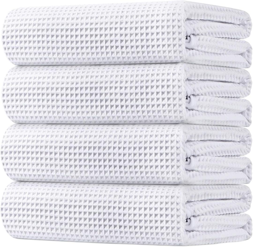 HOMEXCEL Waffle Bath Towels Set 4 Pack, Premium Microfiber Bathroom Towels, Ultra Soft, Lightweight, Highly Absorbent and Quick Dry Towel for Bathroom, Gym, Shower, Hotel, and Spa, 30 x 60 Inch, White