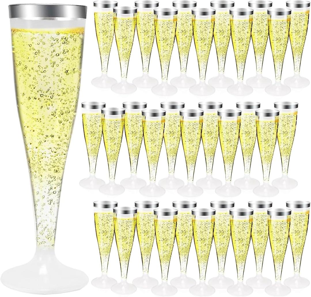 100 Pack 4.5oz Disposable Plastic Champagne Flutes with Silver Rim, Clear Toasting Glasses for Weddings, Parties, and Celebrations - Elegant Plastic Glassware for Cocktails and Toasts